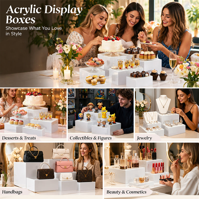 6Pcs Acrylic Buffet Riser Set – Stackable Food Display Stands, Dessert Cake Party Decorating Box, 6 Sizes