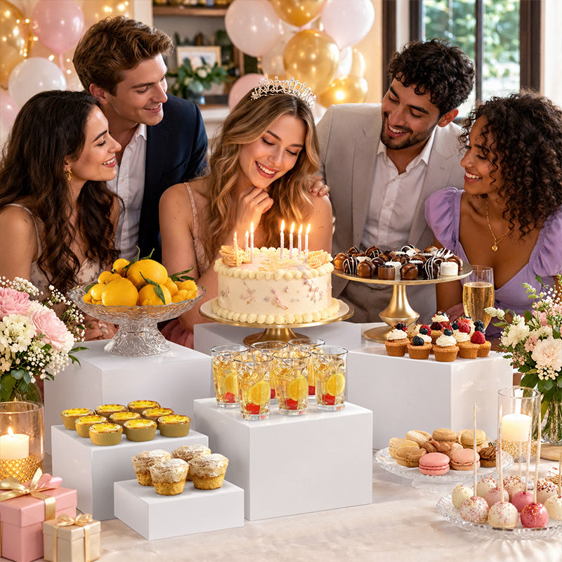 6Pcs Acrylic Buffet Riser Set – Stackable Food Display Stands, Dessert Cake Party Decorating Box, 6 Sizes
