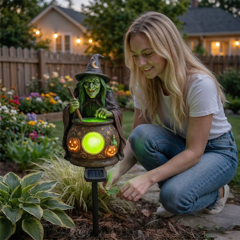 Solar Halloween Garden Lights – Witch Shoe, Pumpkin & Resin Stake Lanterns, Dusk-to-Dawn Auto On/Off for Yard & Outdoor Path