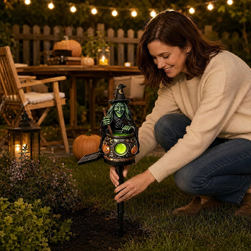 Solar Halloween Garden Lights – Witch Shoe, Pumpkin & Resin Stake Lanterns, Dusk-to-Dawn Auto On/Off for Yard & Outdoor Path
