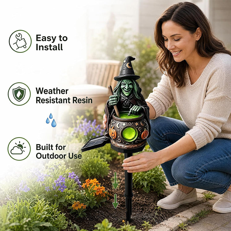 Solar Halloween Garden Lights – Witch Shoe, Pumpkin & Resin Stake Lanterns, Dusk-to-Dawn Auto On/Off for Yard & Outdoor Path